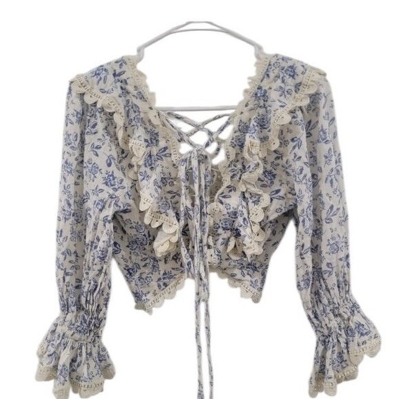 Olivaceous Womens Coquette Top Large Crop Floral Toile Cottagecore Milkmaid - Picture 3 of 8